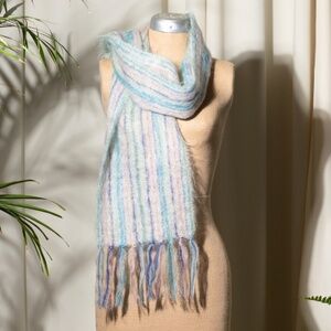 Royal Scot Striped Mohair Wool Blend Scarf ca. 1960s Teal Purple Blue Pink Knit